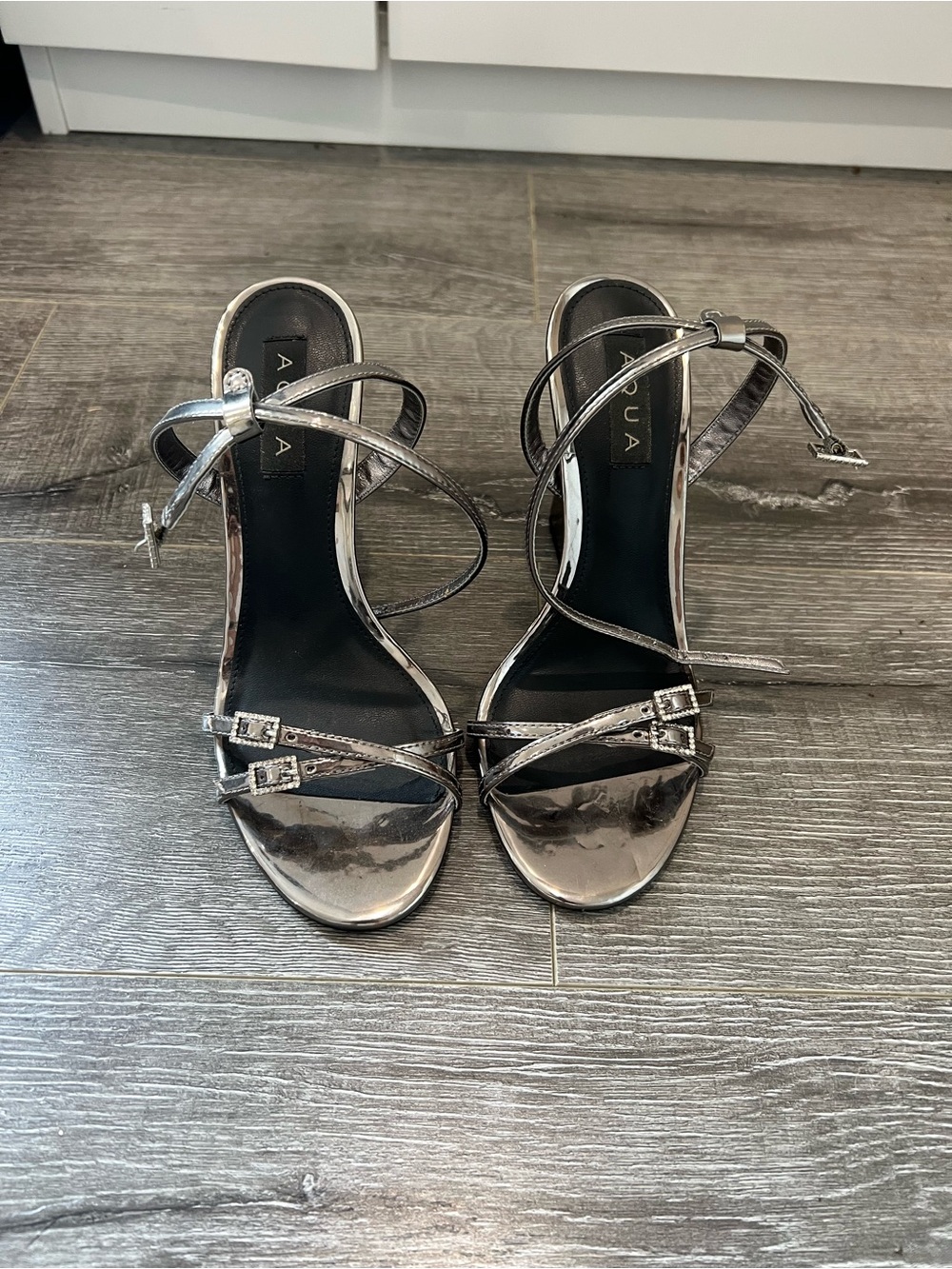 Aqua Metallic Silver Strappy Ankle-Tie Heels